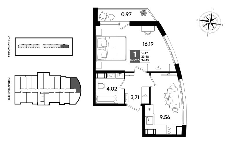 1-комнатная квартира, 34.45 м² - планировка, фото №1