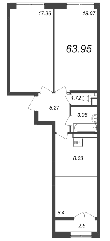 3-комнатная (Евро) квартира, 63.95 м² - планировка, фото №1