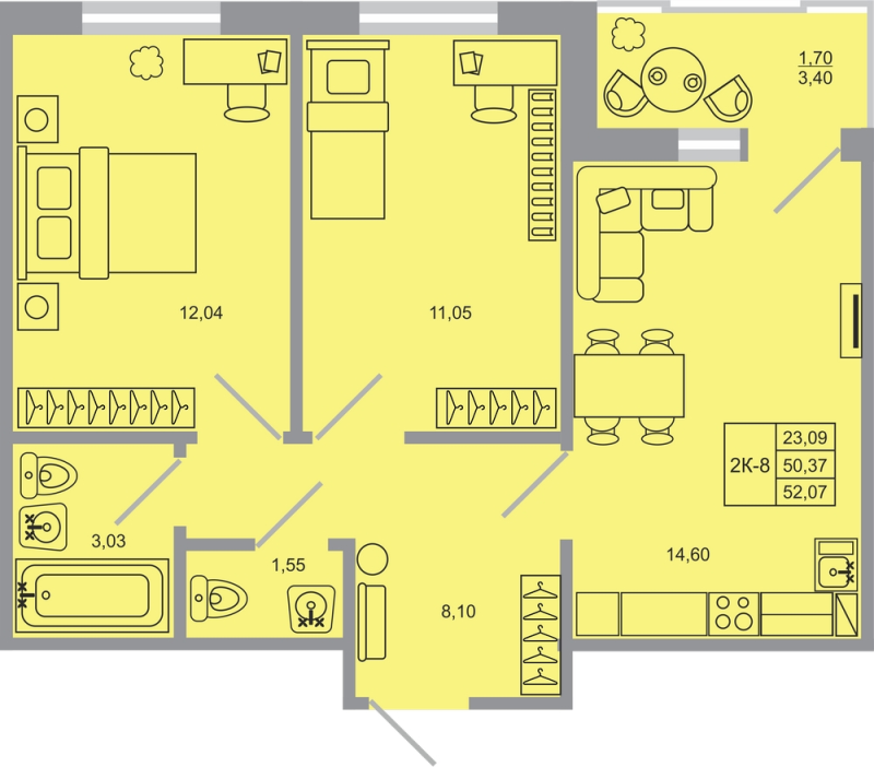 2-комнатная квартира, 52.07 м² - планировка, фото №1