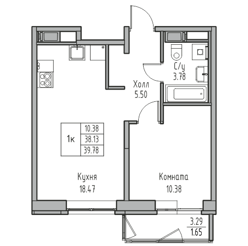 2-комнатная (Евро) квартира, 39.78 м² в ЖК "Юнтолово" - планировка, фото №1