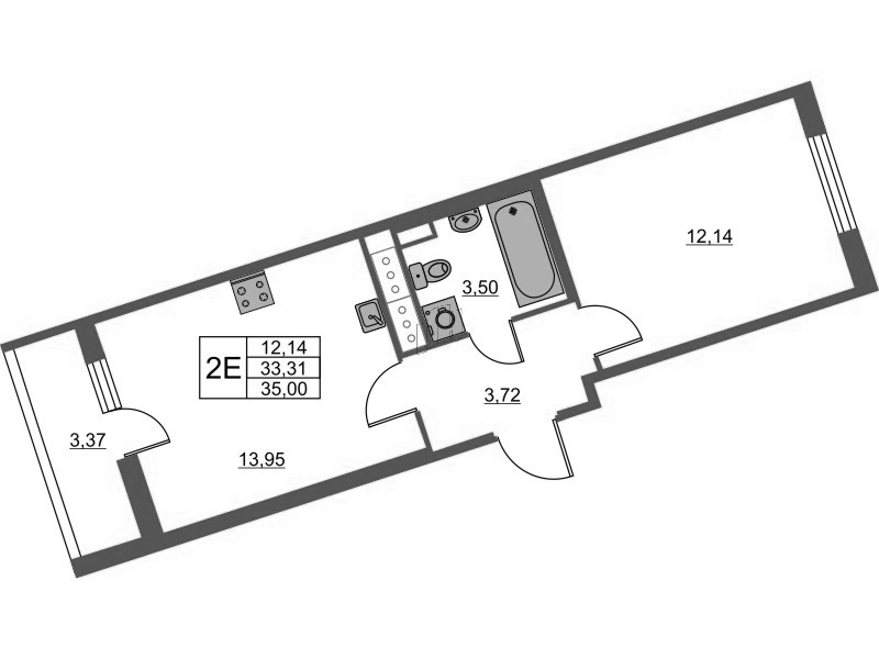 2-комнатная (Евро) квартира, 35 м² - планировка, фото №1