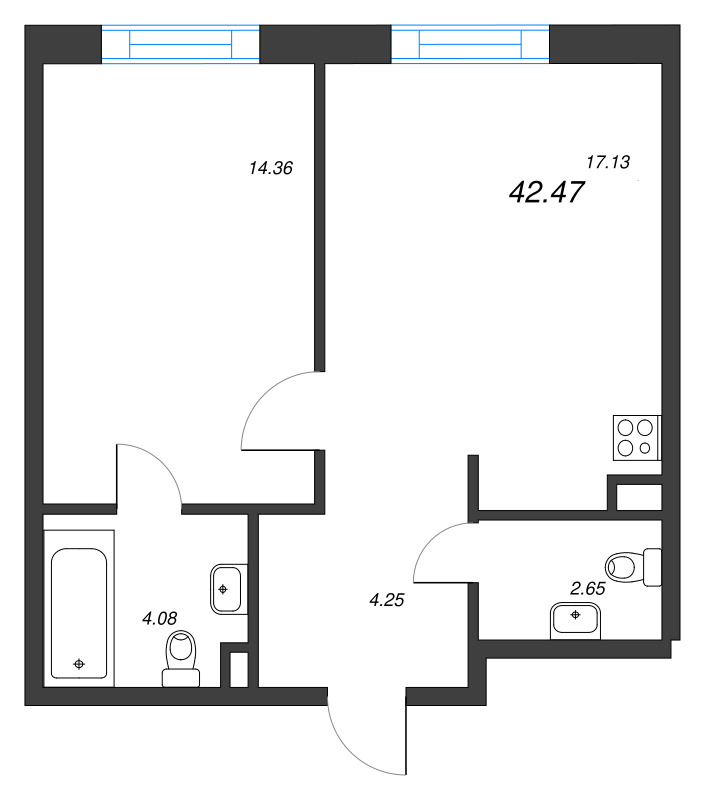2-комнатная (Евро) квартира, 42.6 м² в ЖК "Zoom на Неве" - планировка, фото №1