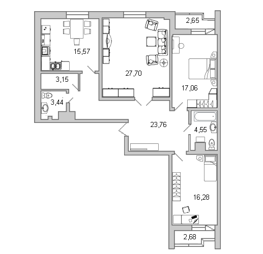 3-комнатная квартира, 113.9 м² - планировка, фото №1