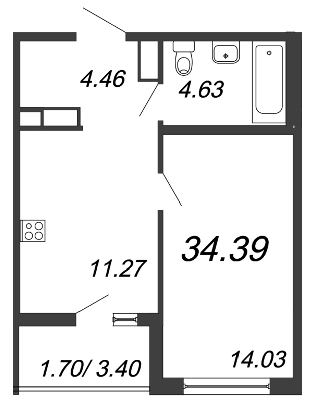 1-комнатная квартира, 34.39 м² - планировка, фото №1