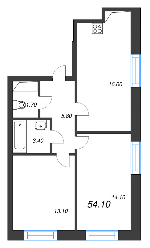 3-комнатная (Евро) квартира, 54.1 м² в ЖК "Большая Охта" - планировка, фото №1