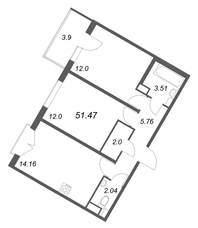 2-комнатная квартира, 51.47 м² - планировка, фото №1