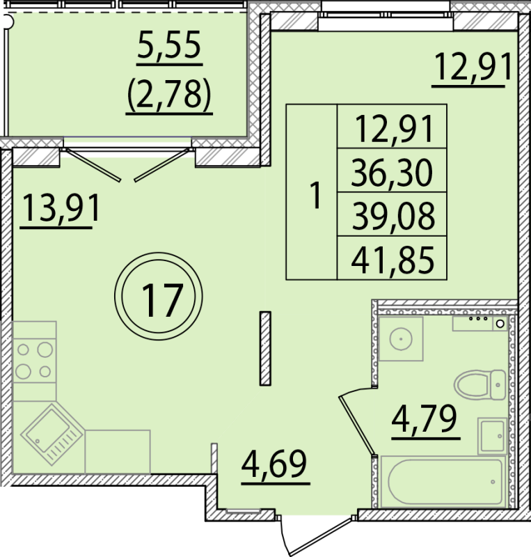 1-комнатная квартира, 36.3 м² - планировка, фото №1