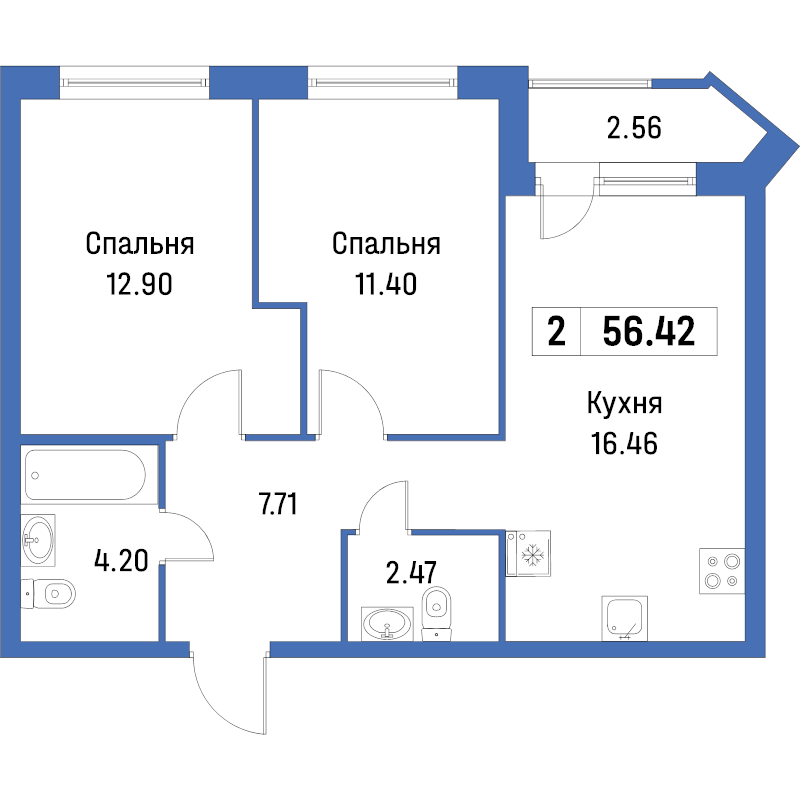 3-комнатная (Евро) квартира, 56.42 м² - планировка, фото №1