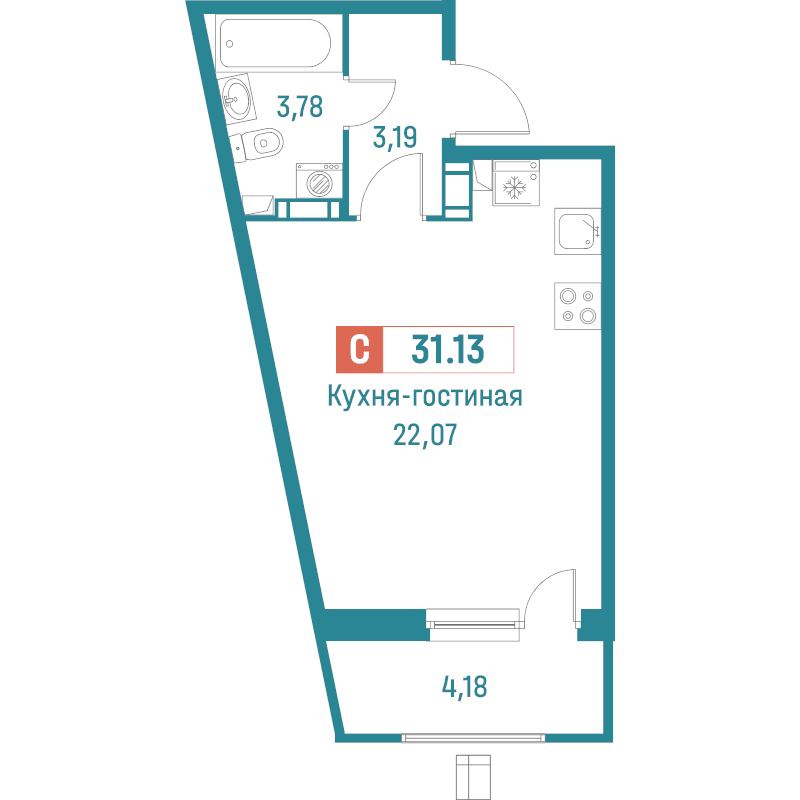 Квартира-студия, 31.13 м² в ЖК "Графика" - планировка, фото №1