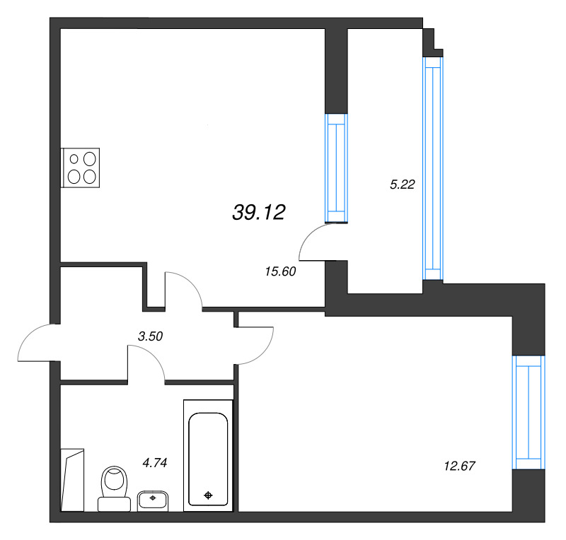 2-комнатная (Евро) квартира, 39.12 м² - планировка, фото №1