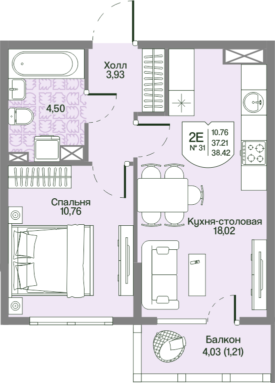 2-комнатная (Евро) квартира, 38.42 м² в ЖК "Охтинские высоты" - планировка, фото №1