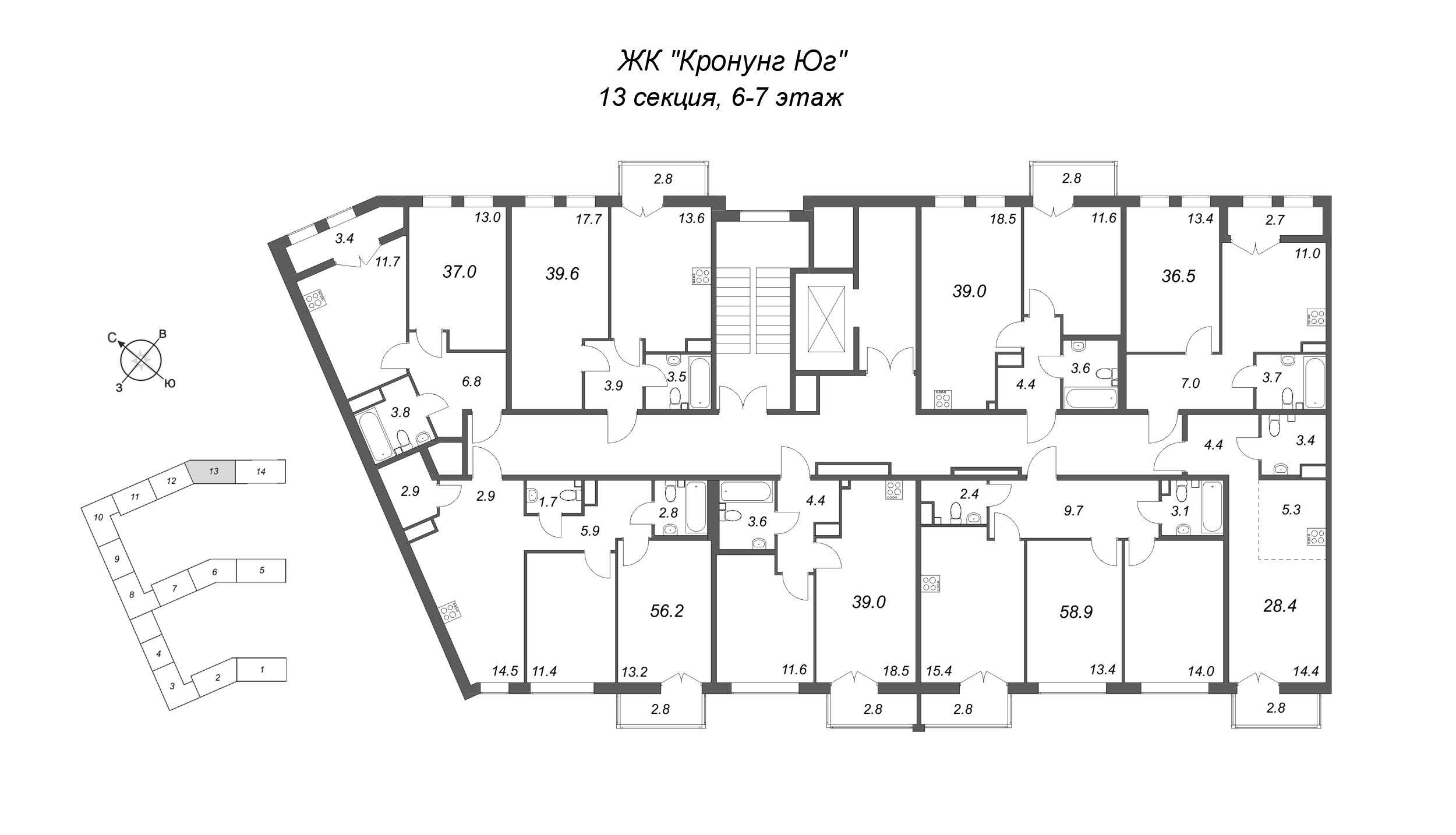 1-комнатная квартира, 36.5 м² в ЖК "Кронунг ЮГ" - планировка этажа