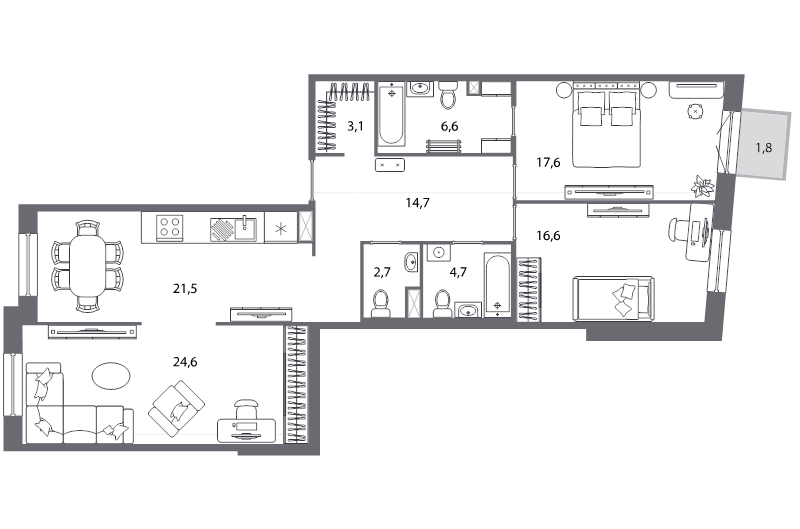 4-комнатная (Евро) квартира, 112.6 м² - планировка, фото №1