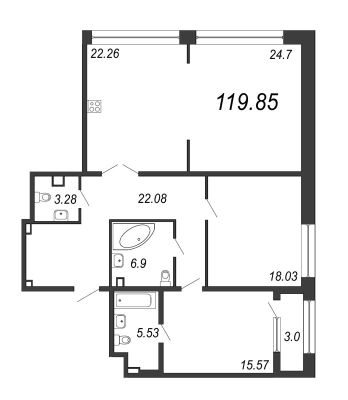 3-комнатная (Евро) квартира, 119.85 м² - планировка, фото №1