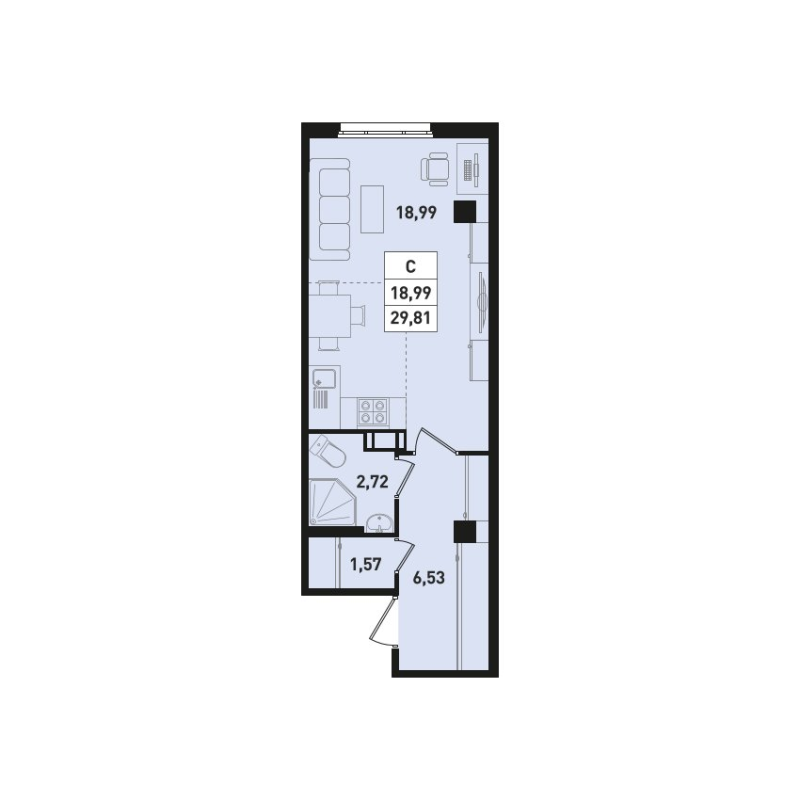 Квартира-студия, 29.3 м² в ЖК "Ромашки" - планировка, фото №1