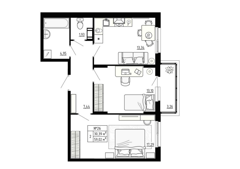 2-комнатная квартира, 59.02 м² в ЖК "Аннино Сити" - планировка, фото №1
