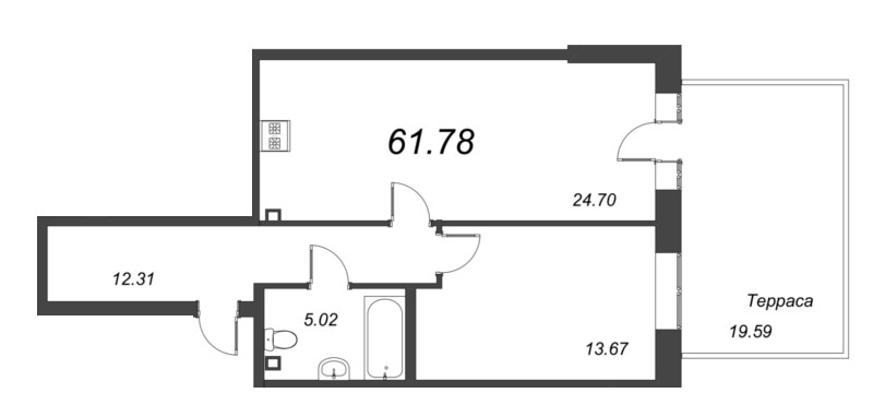 2-комнатная (Евро) квартира, 61.6 м² - планировка, фото №1
