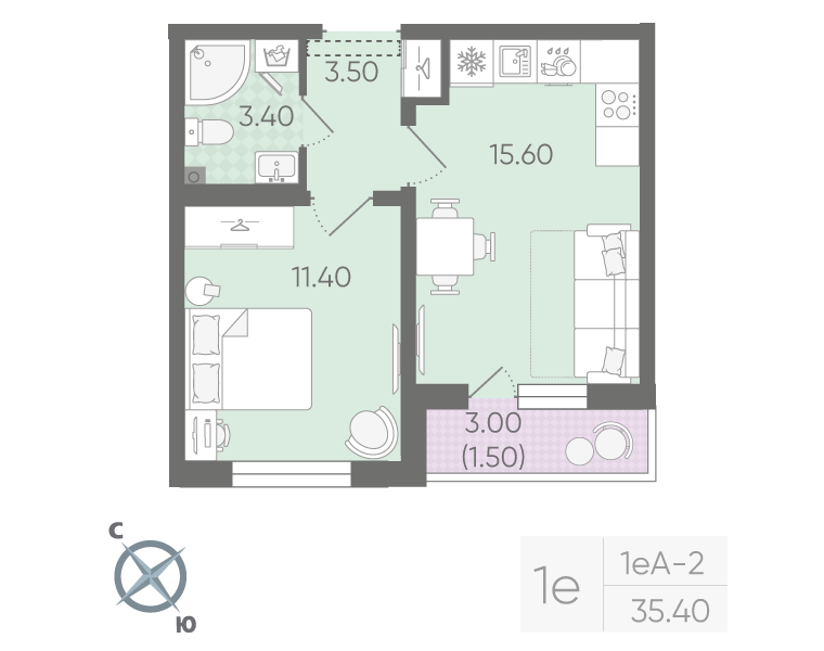 2-комнатная (Евро) квартира, 35.4 м² в ЖК "Ручьи" - планировка, фото №1
