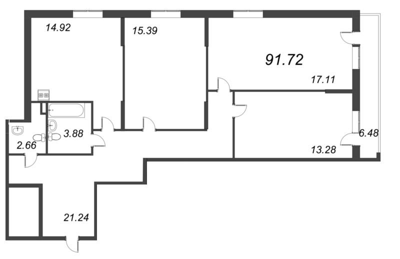 3-комнатная квартира, 91.72 м² - планировка, фото №1