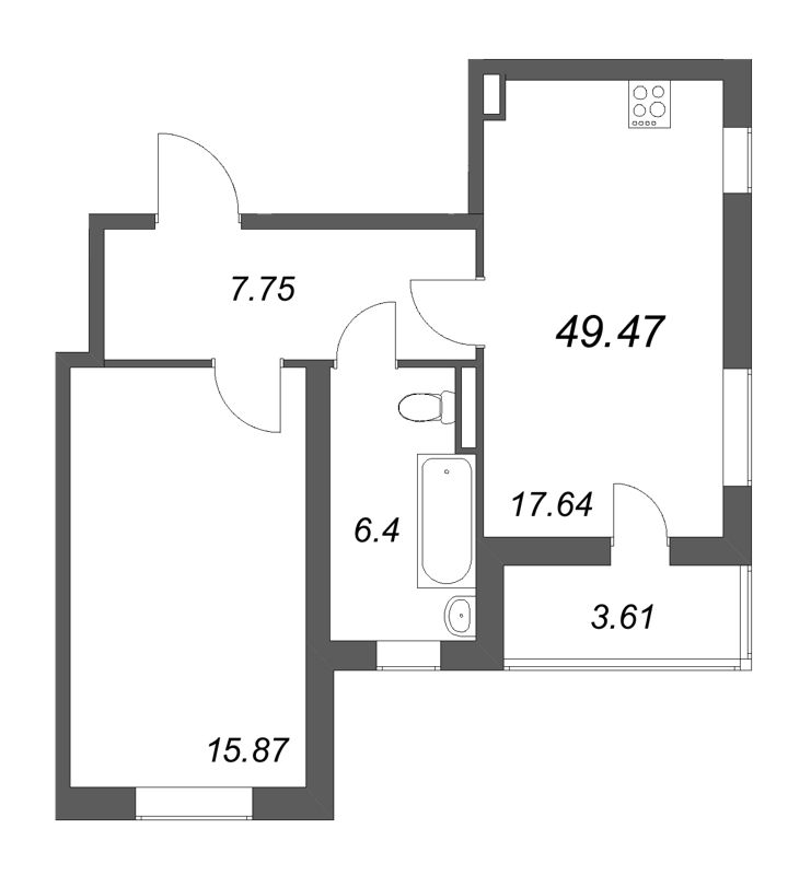 2-комнатная (Евро) квартира, 49.47 м² в ЖК "Новая история" - планировка, фото №1