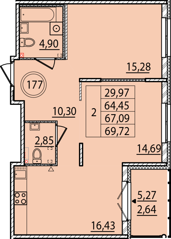 3-комнатная (Евро) квартира, 64.45 м² - планировка, фото №1