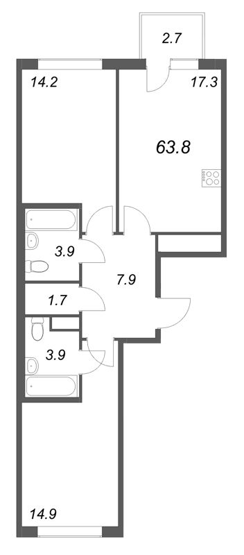 3-комнатная (Евро) квартира, 63.8 м² в ЖК "Гений" - планировка, фото №1