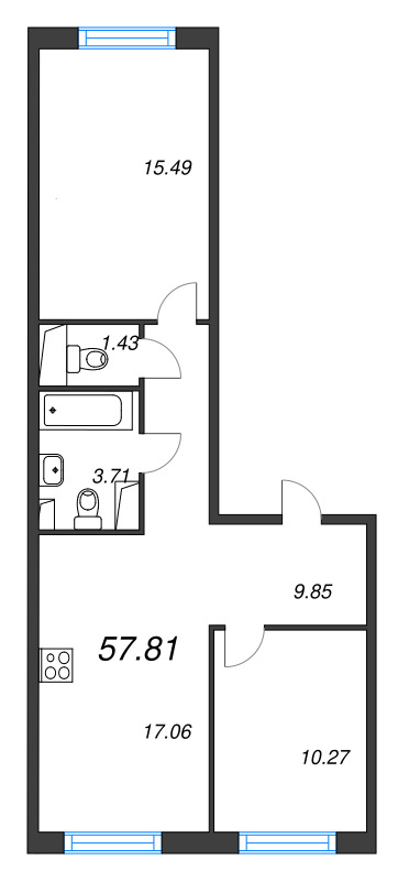 3-комнатная (Евро) квартира, 57.81 м² в ЖК "Кронунг Янино" - планировка, фото №1