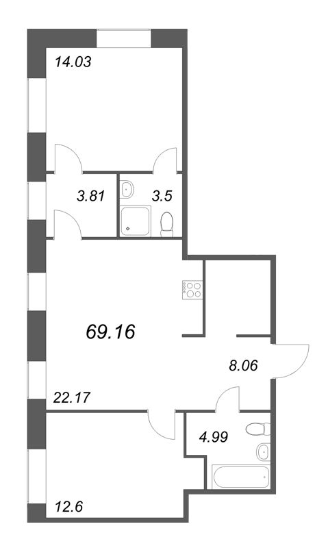 3-комнатная (Евро) квартира, 69.16 м² - планировка, фото №1