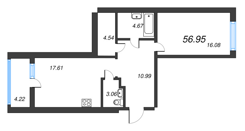 2-комнатная (Евро) квартира, 56.95 м² в ЖК "Чёрная речка" - планировка, фото №1