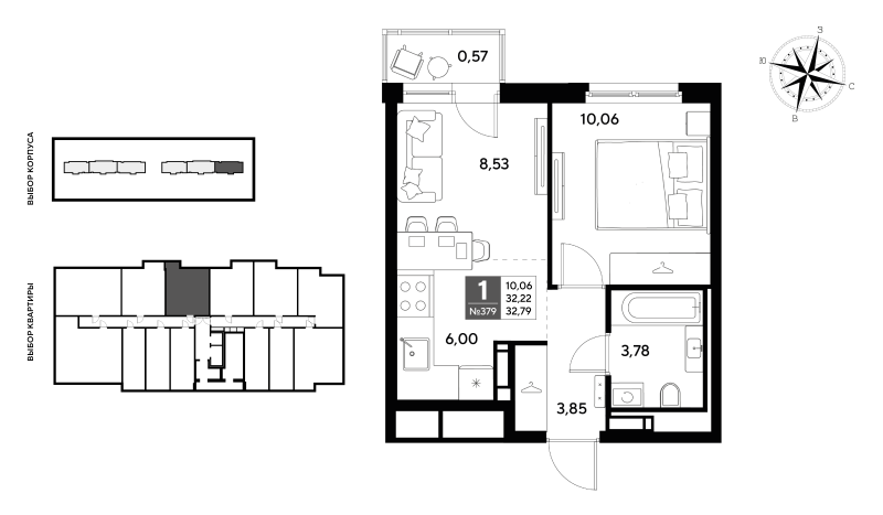 1-комнатная квартира, 32.79 м² в ЖК "Догма Юкки" - планировка, фото №1