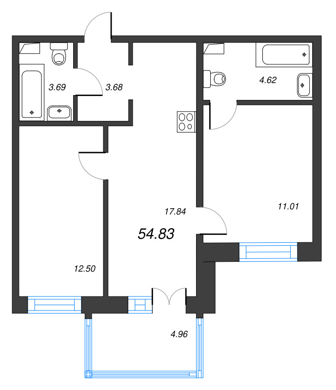 3-комнатная (Евро) квартира, 54.83 м² в ЖК "Тишин" - планировка, фото №1