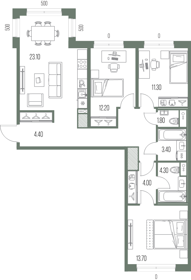4-комнатная (Евро) квартира, 89.3 м² в ЖК "Легенда на Охте" - планировка, фото №1