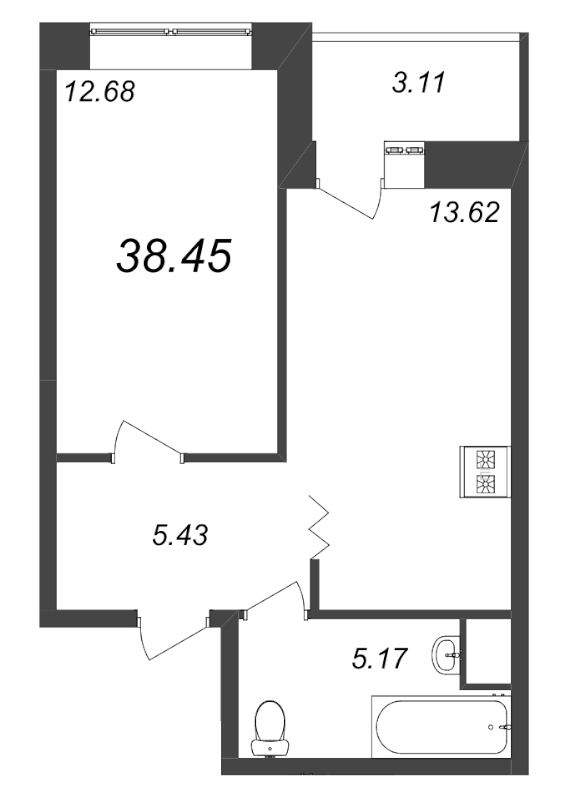 1-комнатная квартира, 38.7 м² в ЖК "Уютный" - планировка, фото №1