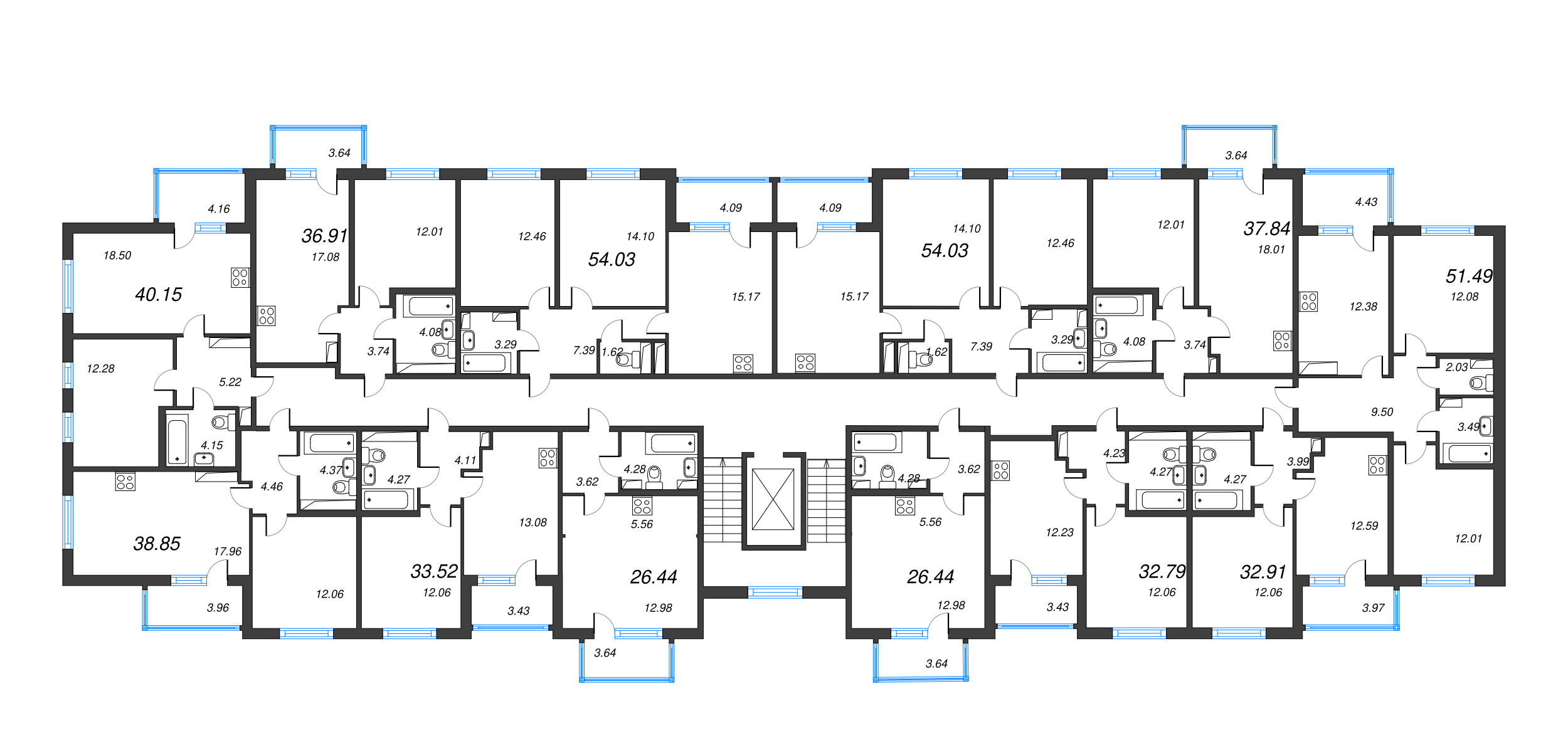 2-комнатная квартира, 51.49 м² - планировка этажа