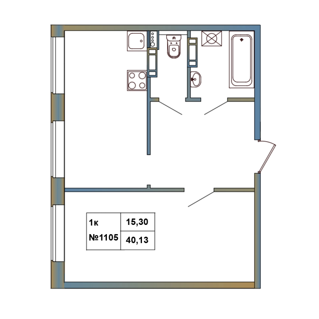 1-комнатная квартира, 40.13 м² в ЖК "Атмосфера Выборга" - планировка, фото №1