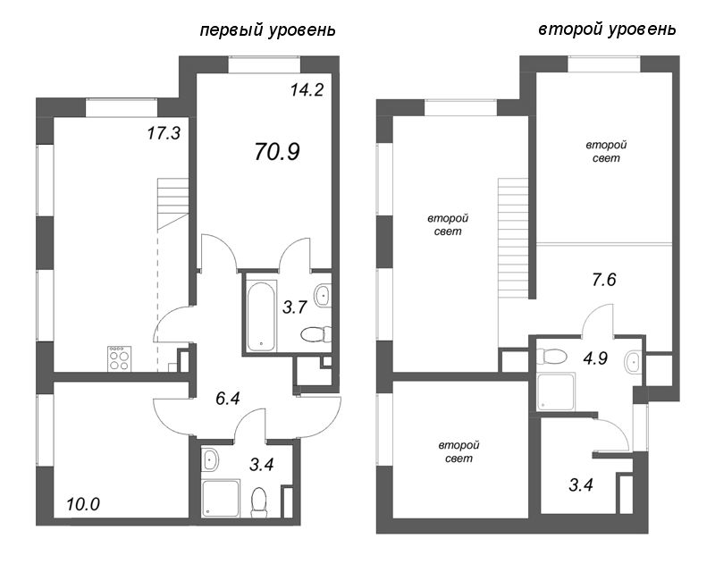 4-комнатная (Евро) квартира, 70.9 м² в ЖК "Пулково Lake" - планировка, фото №1