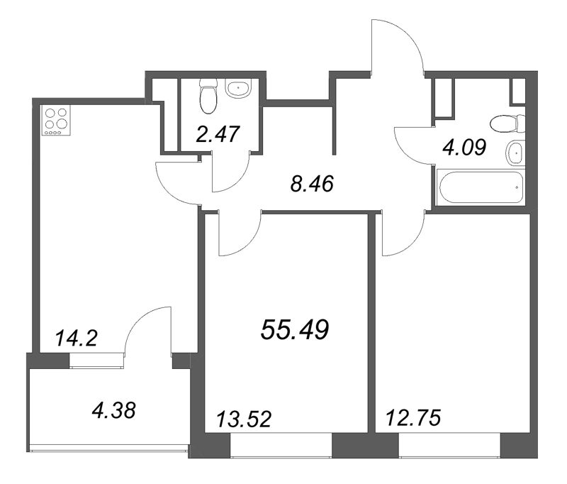 2-комнатная квартира, 55.49 м² в ЖК "Дом на Курской" - планировка, фото №1