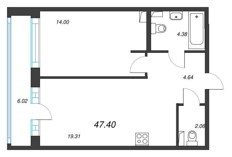 2-комнатная (Евро) квартира, 47.4 м² в ЖК "Энфилд" - планировка, фото №1