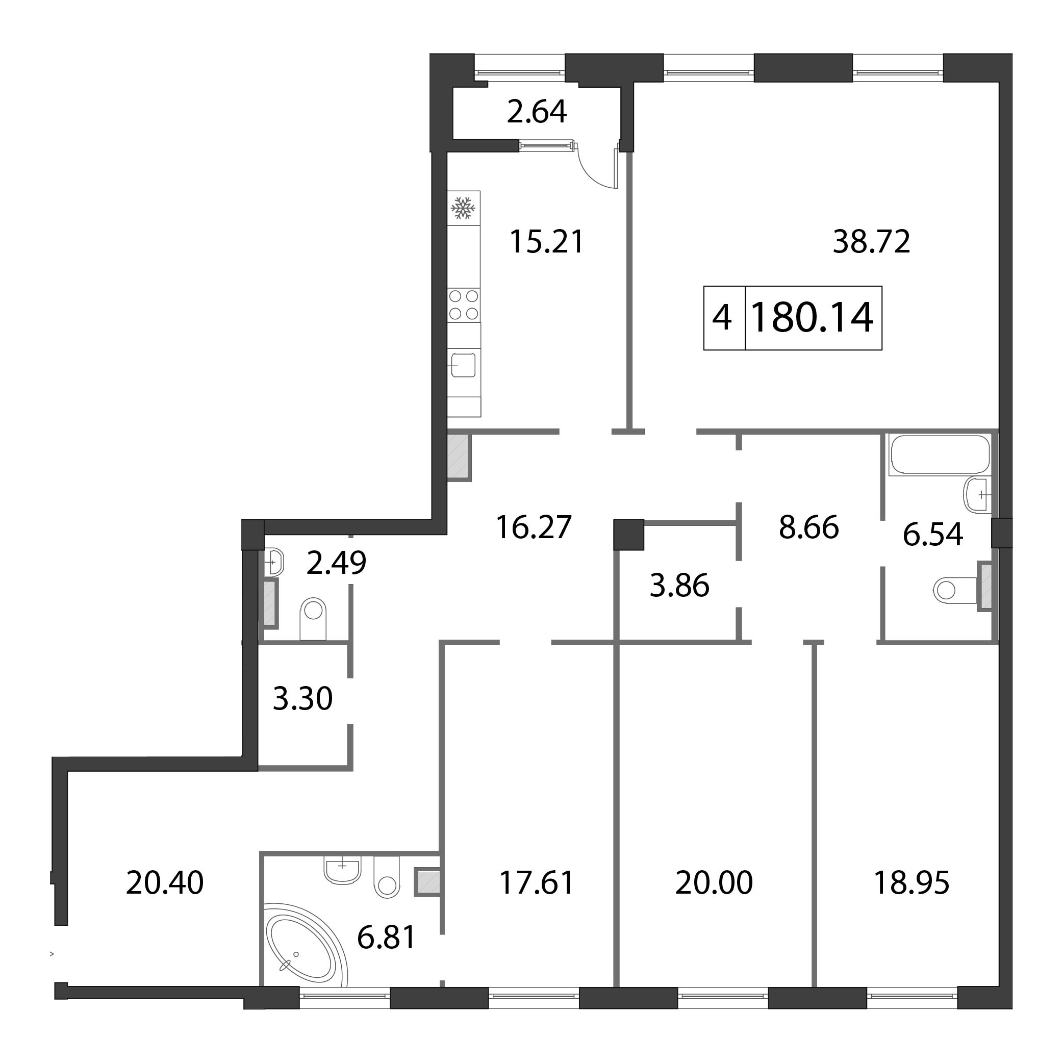 4-комнатная квартира, 180.7 м² - планировка, фото №1