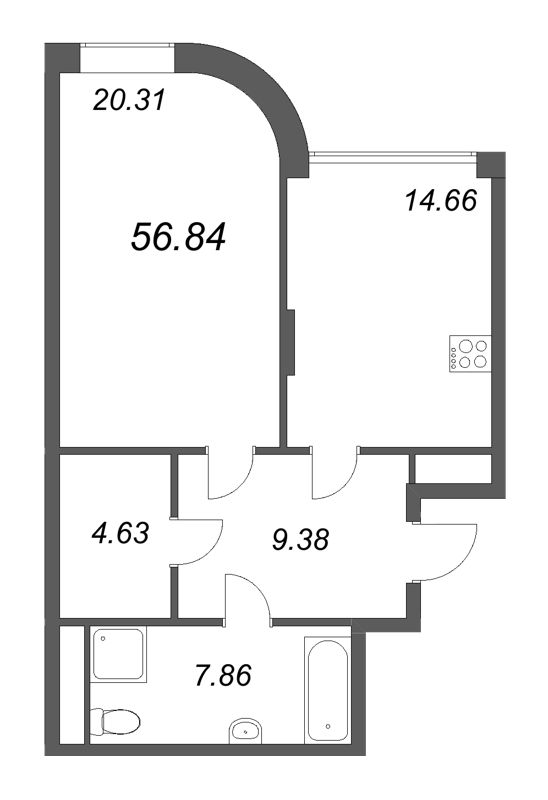 2-комнатная (Евро) квартира, 56.84 м² в ЖК "MONODOM-ART" - планировка, фото №1