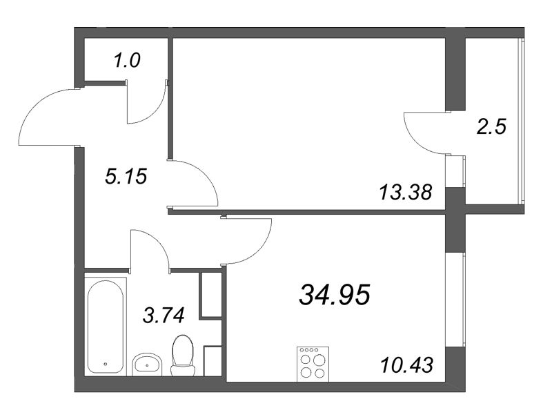 1-комнатная квартира, 34.95 м² в ЖК "Кинопарк" - планировка, фото №1