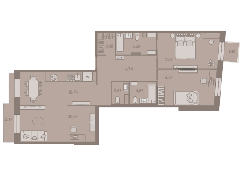 4-комнатная (Евро) квартира, 106.6 м² в ЖК "Северная корона" - планировка, фото №1