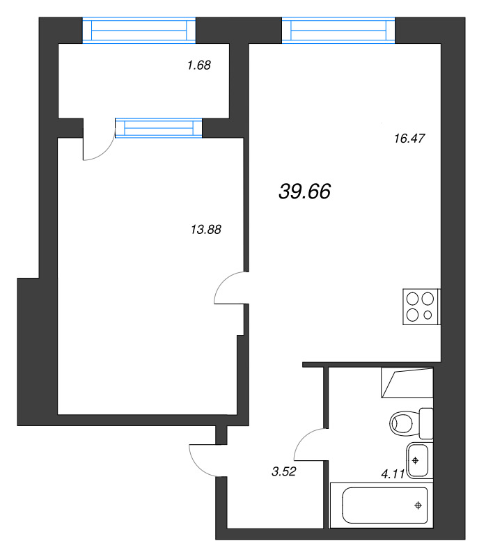 2-комнатная (Евро) квартира, 39.66 м² в ЖК "ORO by Akvilon" - планировка, фото №1