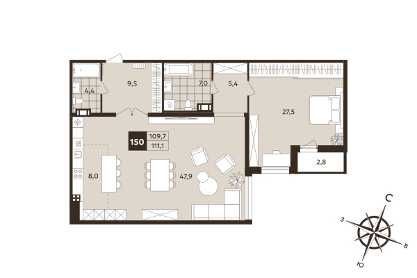 2-комнатная (Евро) квартира, 109.7 м² в ЖК "Дом на Бронницкой" - планировка, фото №1