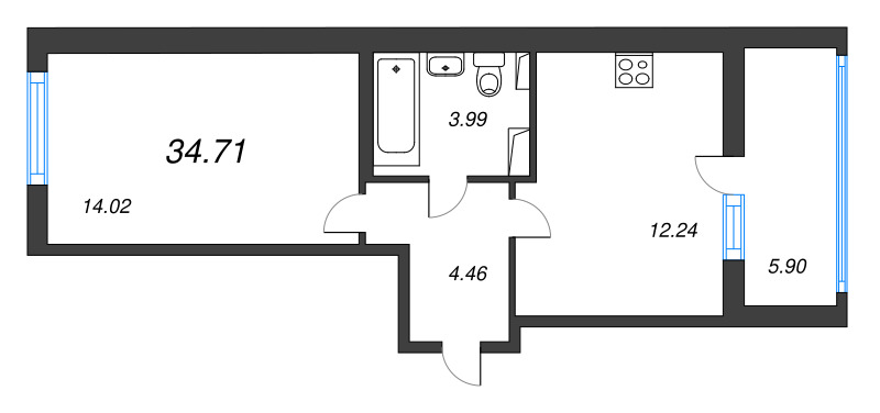 1-комнатная квартира, 34.71 м² в ЖК "Любоград" - планировка, фото №1