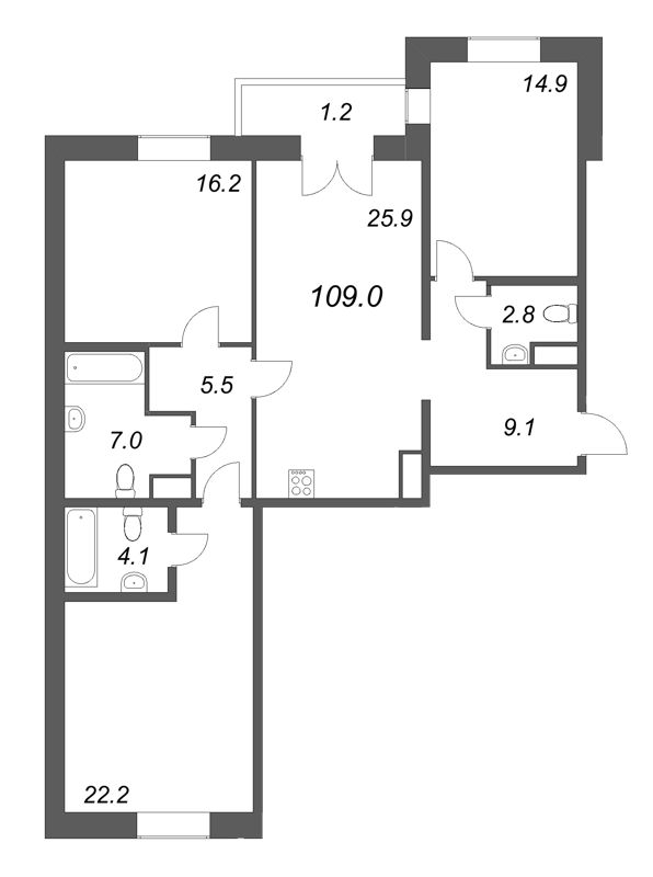 3-комнатная квартира, 109 м² в ЖК "Моисеенко 10" - планировка, фото №1