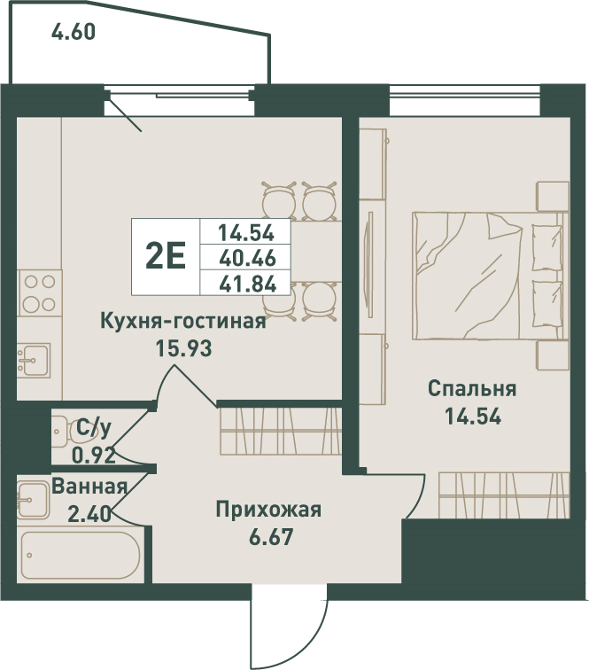 1-комнатная квартира, 41.84 м² в ЖК "Тандем" - планировка, фото №1