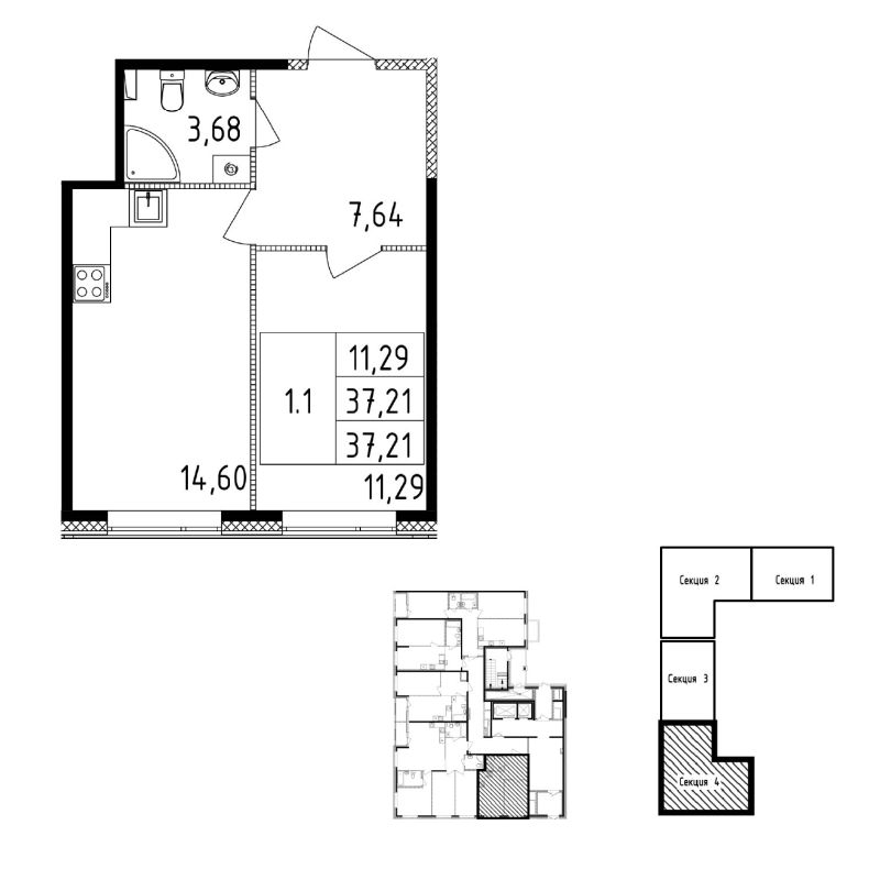 2-комнатная (Евро) квартира, 37.21 м² в ЖК "Чёрная речка" - планировка, фото №1
