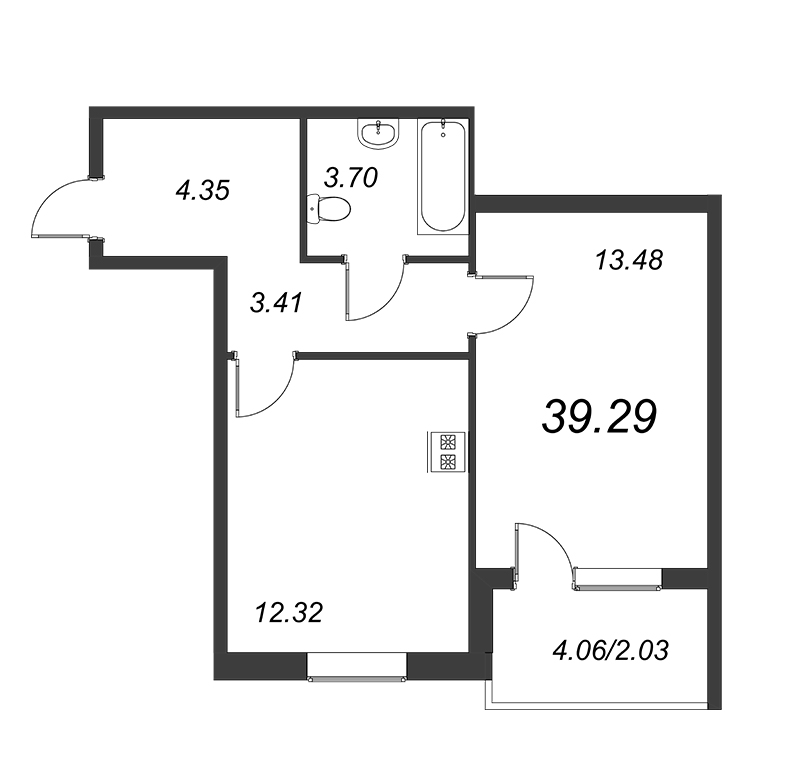 1-комнатная квартира, 37.26 м² - планировка, фото №1