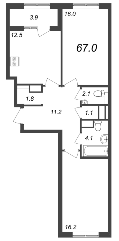 2-комнатная квартира, 67.1 м² - планировка, фото №1